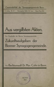 Front cover of Aus Vergilbten Akten: Zur Geschichte der Bonner Synagogengemeinde [Of Yellowed Documents: the history of the Bonn Jewish community] against a black background. The cover is yellowed from age and features a purple circular stamp from the Offenbach Archival Depot.