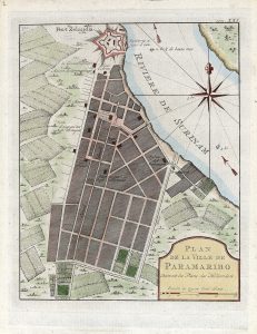 Rectangular map against black background. Hand colored in pastel shades. The map of Paramaribo featues the river in the upper right and two synagogues in the town grid: Neve Shalom and Tzedek ve-Shalom.