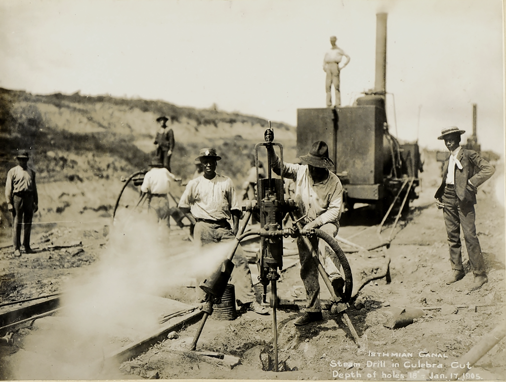 Workers using steam drills at Culebra Cut