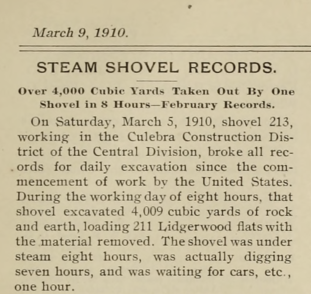 A section from the Panama Canal Record discussing competition among steam shovel crews