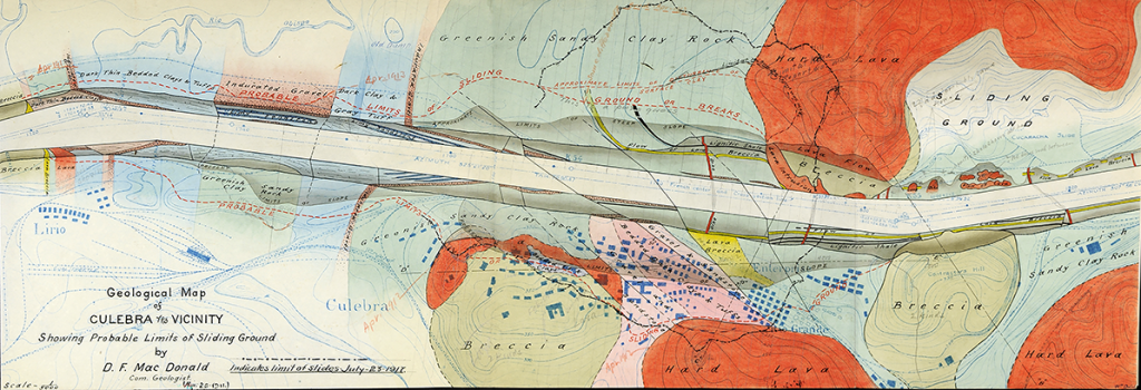 A geological map showing the probable limits of sliding ground using vibrant colors