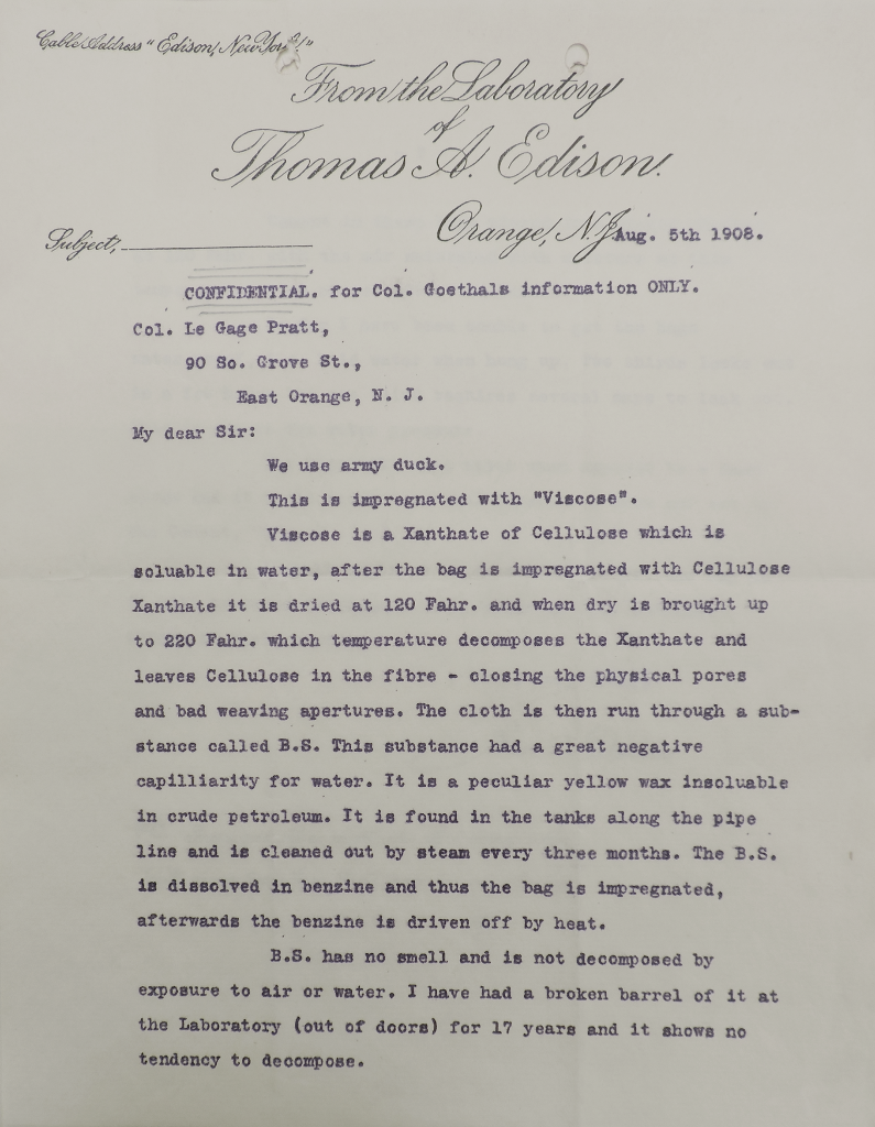 Page 1 of a letter from Thomas Edison to the Chief Engineer of the Panama Canal