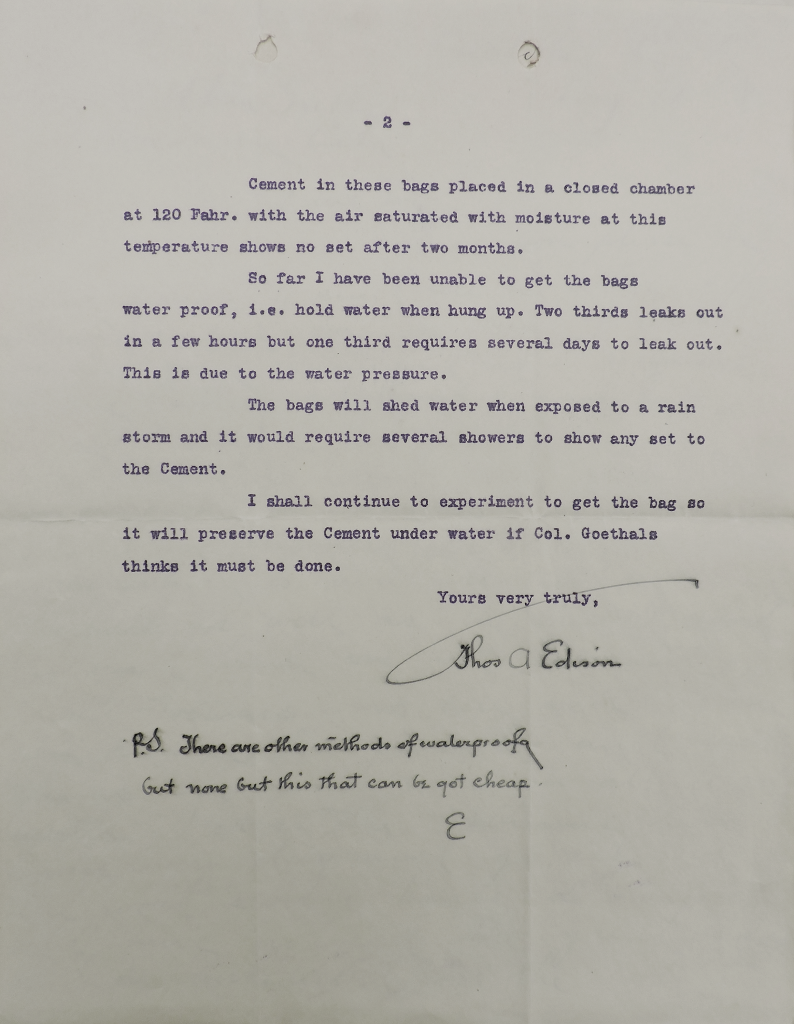 Page 2 of a letter from Thomas Edison to the Chief Engineer of the Panama Canal
