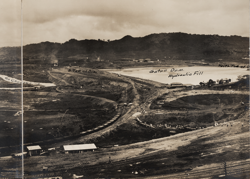An aerial shot showing where Gatun Dam and its hydraulic fill will be located