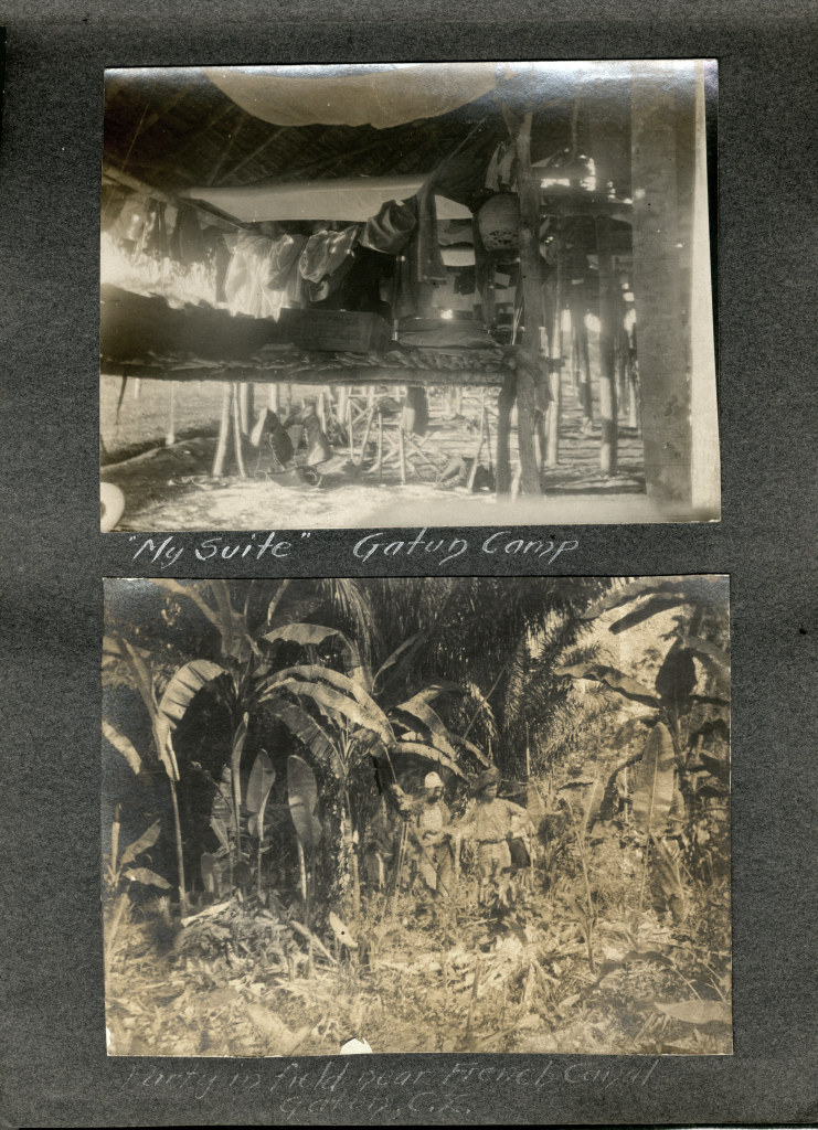 A page from a photo album showing workers in the jungle and the camp site of worker Fred Lyon