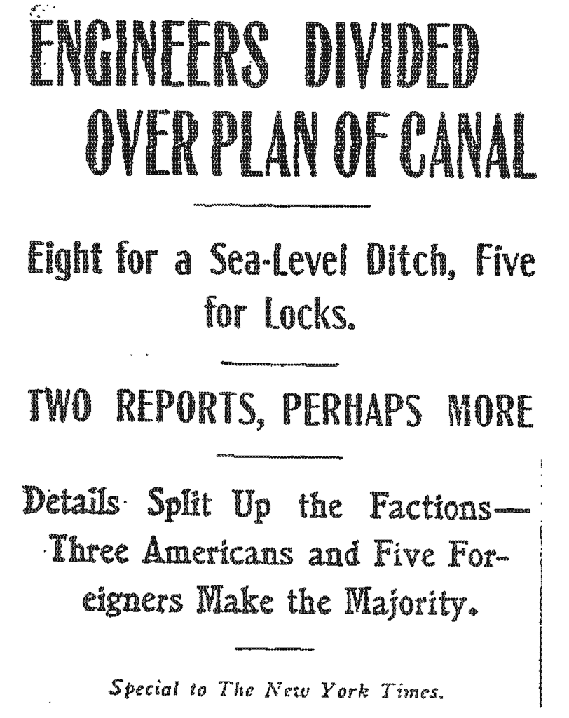 Newspaper discussing how engineers are divided on what type of canal to build