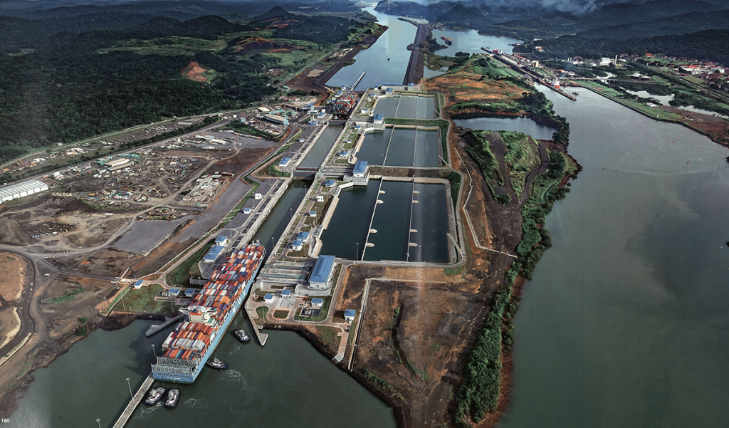An aerial shot of the new locks at the Panama Canal