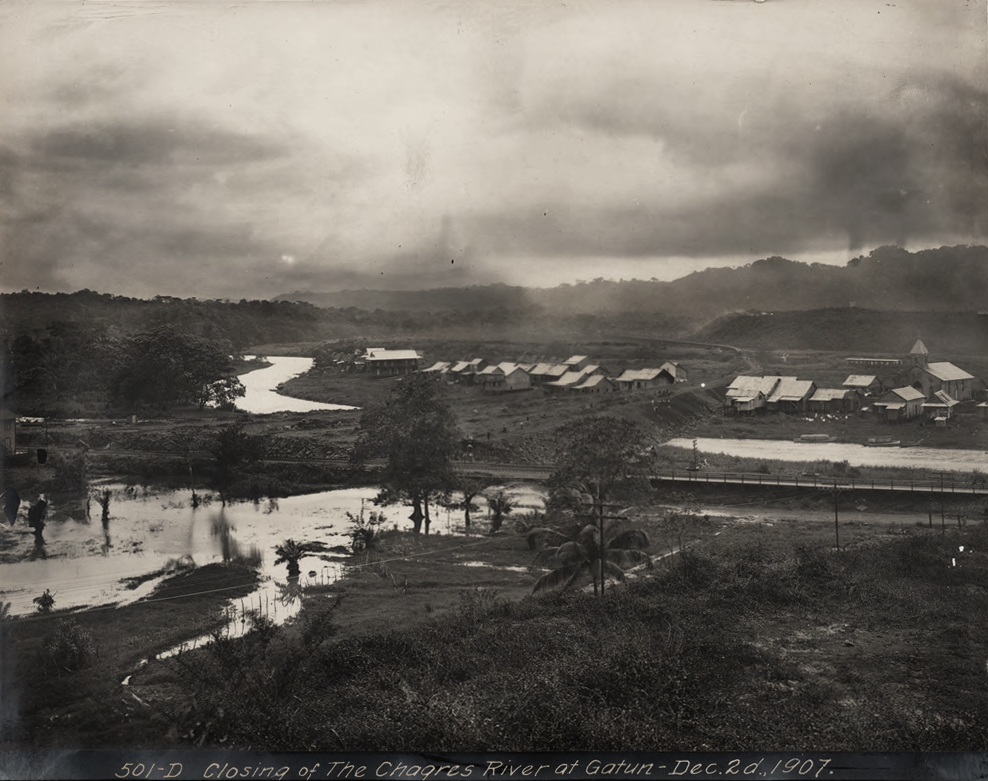 The closing of the Chagres River at Gatun in December 1907