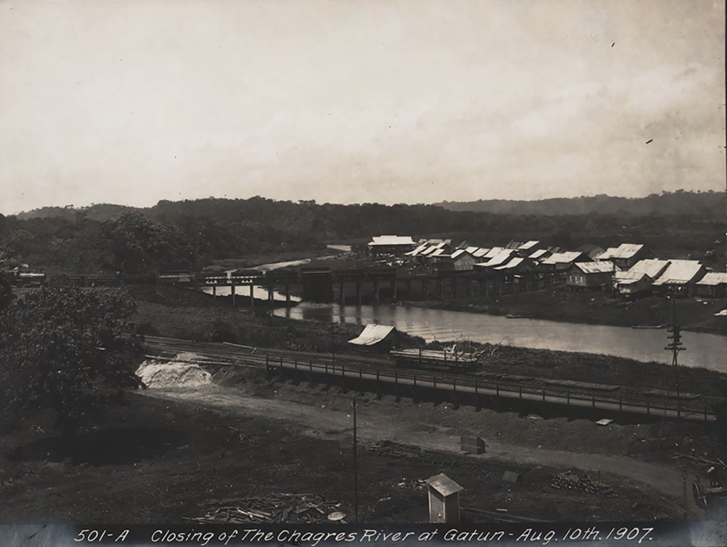 The closing of the Chagres River at Gatun in August 1907