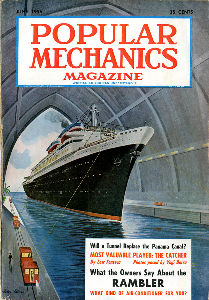 The cover of Popular Mechanics magazine with an illustration of a large ship