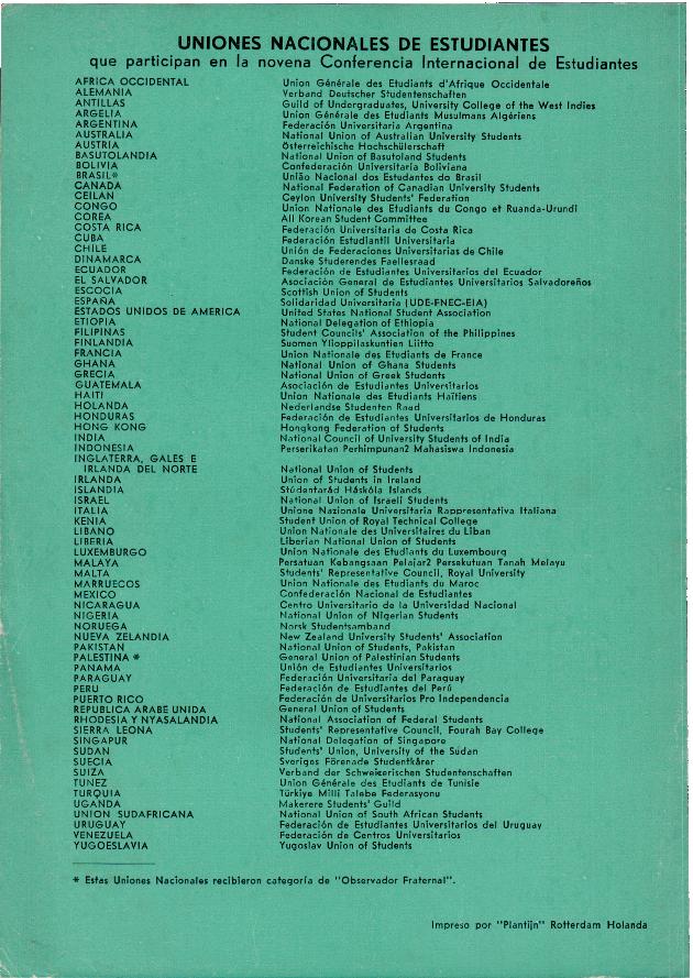 green paper with black text list of student unions by country participating in the international conference of students