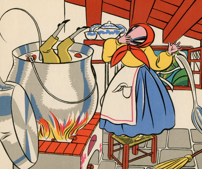 A page from Pura Belpré's Pérez and Martina depicting Pérez the mouse falling into a pot cooking on the stove